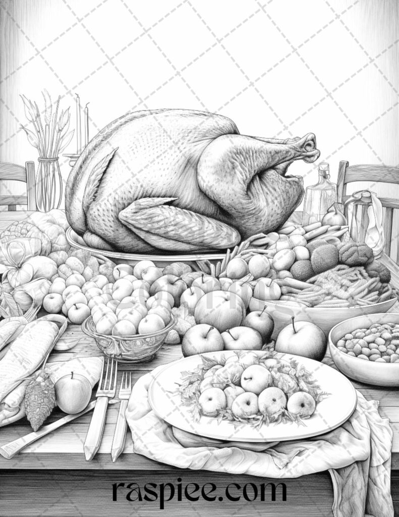 Detailed Thanksgiving feast coloring-page illustration featuring a roast turkey on a platter, surrounded by fruit, vegetables, and dishes on a table.