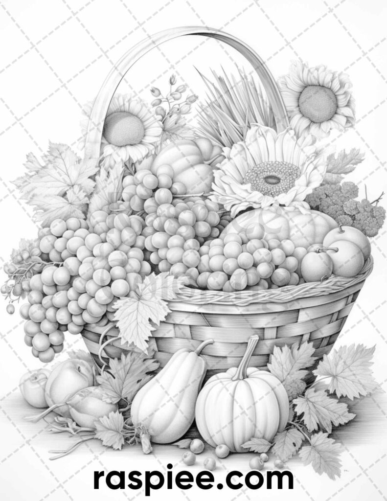 Detailed outline illustration of a harvest basket overflowing with grapes, apples, flowers, leaves, and gourds.
