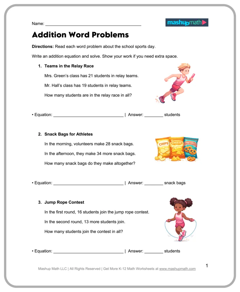 Addition word-problem worksheet about a school sports day, with three questions on relay teams, snack bags, and a jump rope contest, plus spaces for equations and answers.
