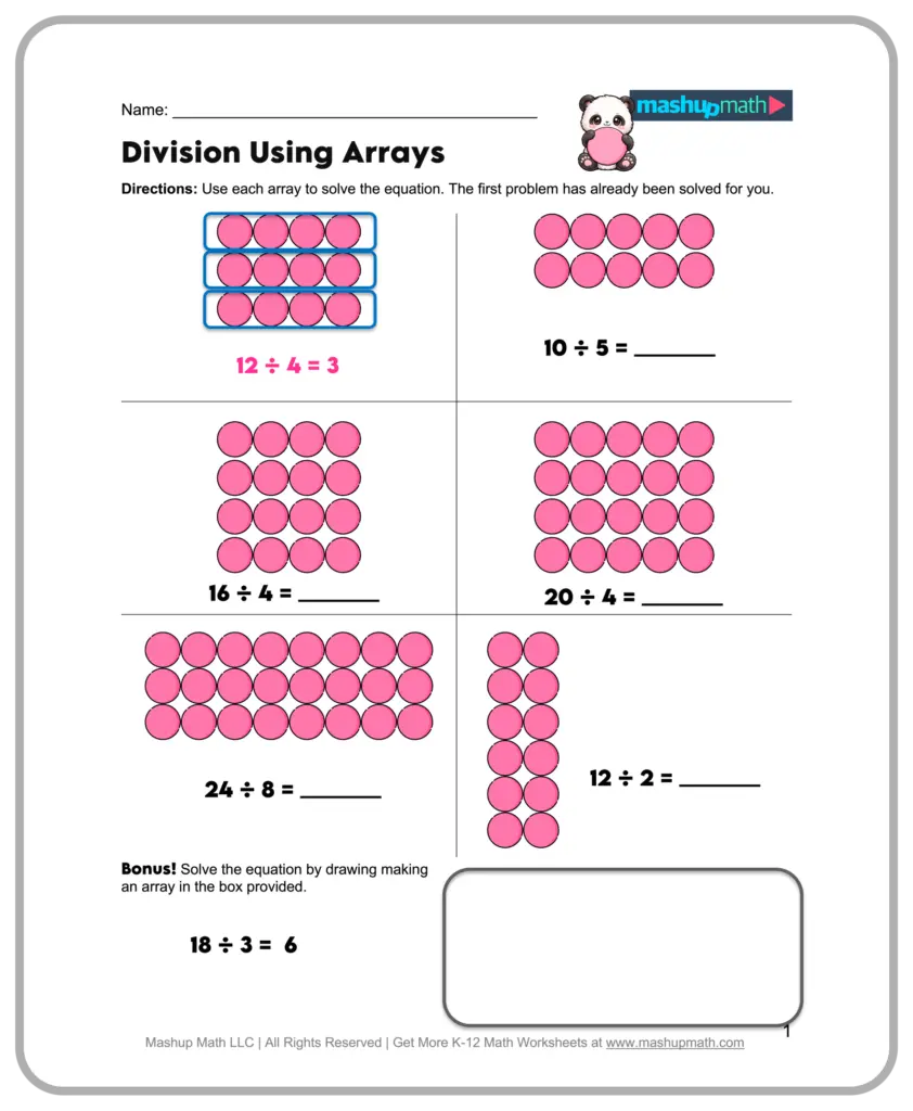 A division worksheet titled “Division Using Arrays,” with pink counters arranged in arrays for problems including 10 ÷ 5, 16 ÷ 4, 20 ÷ 4, 24 ÷ 8, and 12 ÷ 2, plus a bonus problem.