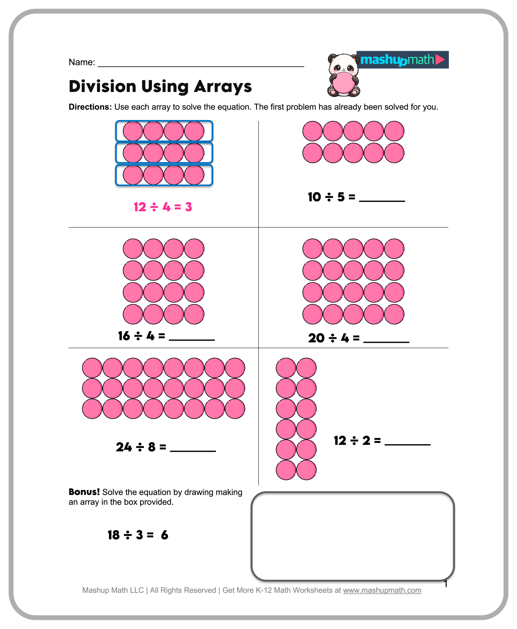 A division worksheet titled “Division Using Arrays,” with pink counters arranged in arrays for problems including 10 ÷ 5, 16 ÷ 4, 20 ÷ 4, 24 ÷ 8, and 12 ÷ 2, plus a bonus problem.