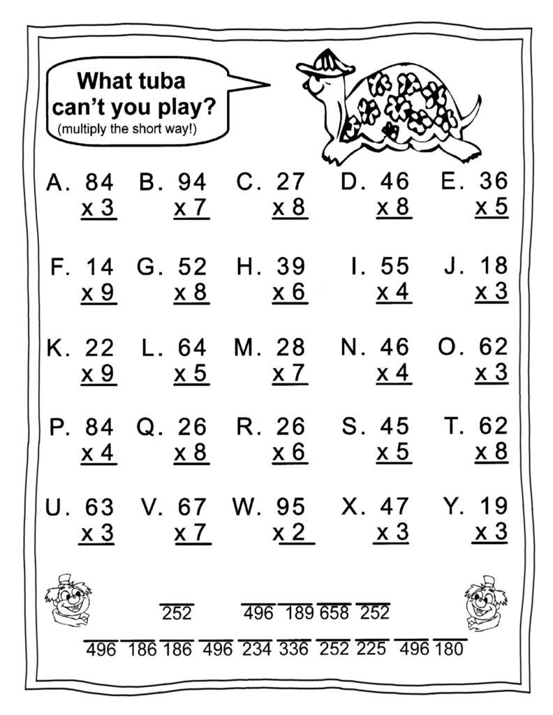 A black-and-white multiplication worksheet asks students to multiply two-digit numbers by one-digit numbers and use the products to decode a message, with a cartoon turtle and small character drawings.
