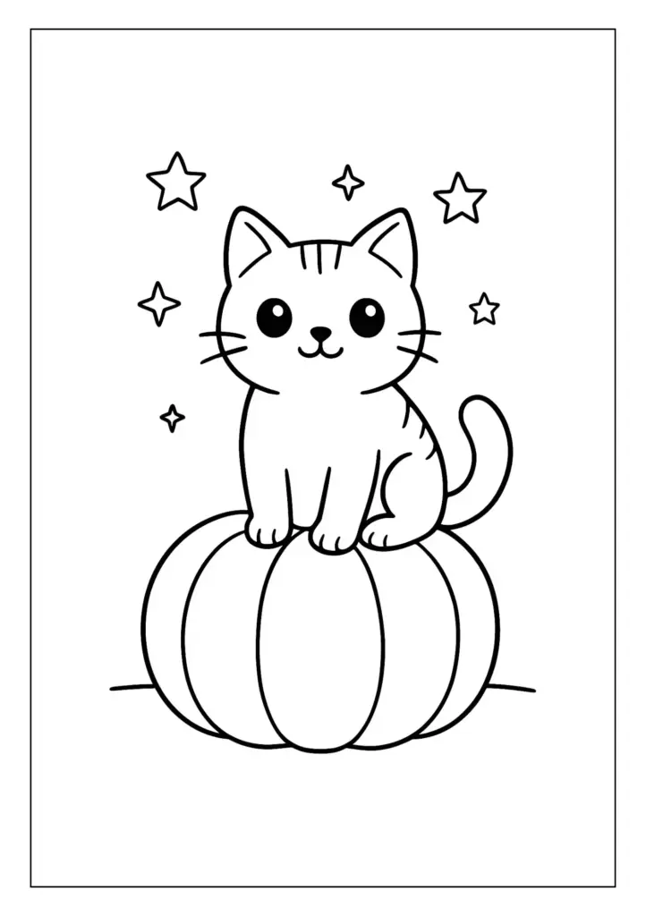 A cute cat sits on a large pumpkin beneath several stars, drawn in bold black outlines for coloring.