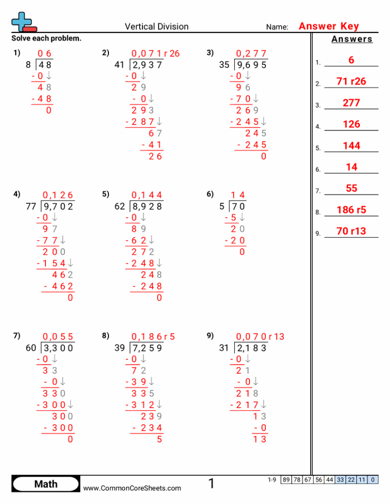 Vertical division worksheet with nine long-division problems worked in red and a right-side answer key; includes problems with remainders.