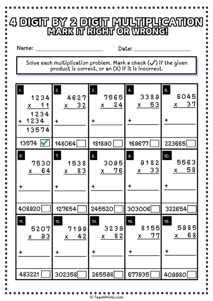 A four-digit by two-digit multiplication worksheet asks students to mark each product right or wrong, with worked space and checkboxes for 15 problems.