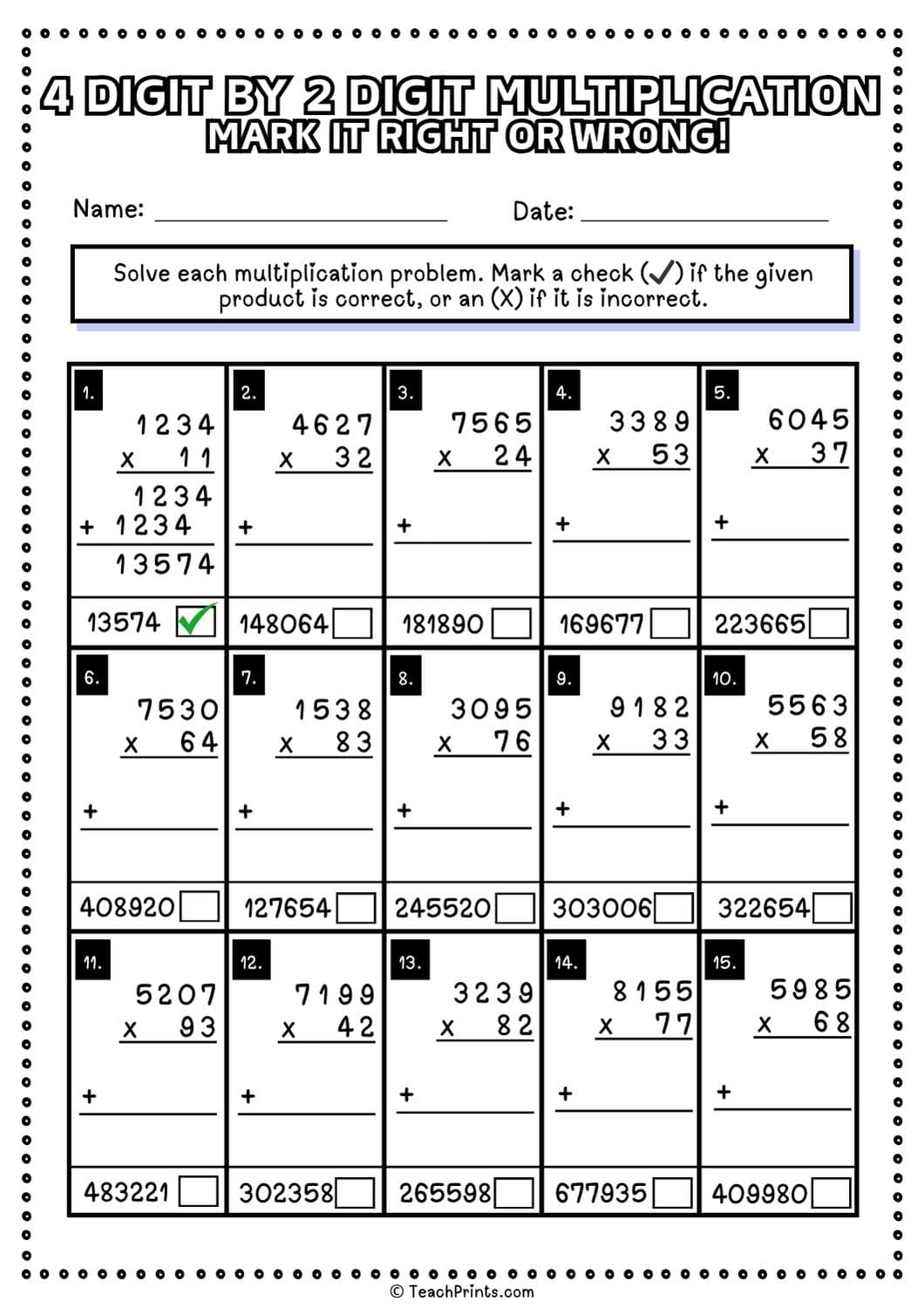 A four-digit by two-digit multiplication worksheet asks students to mark each product right or wrong, with worked space and checkboxes for 15 problems.