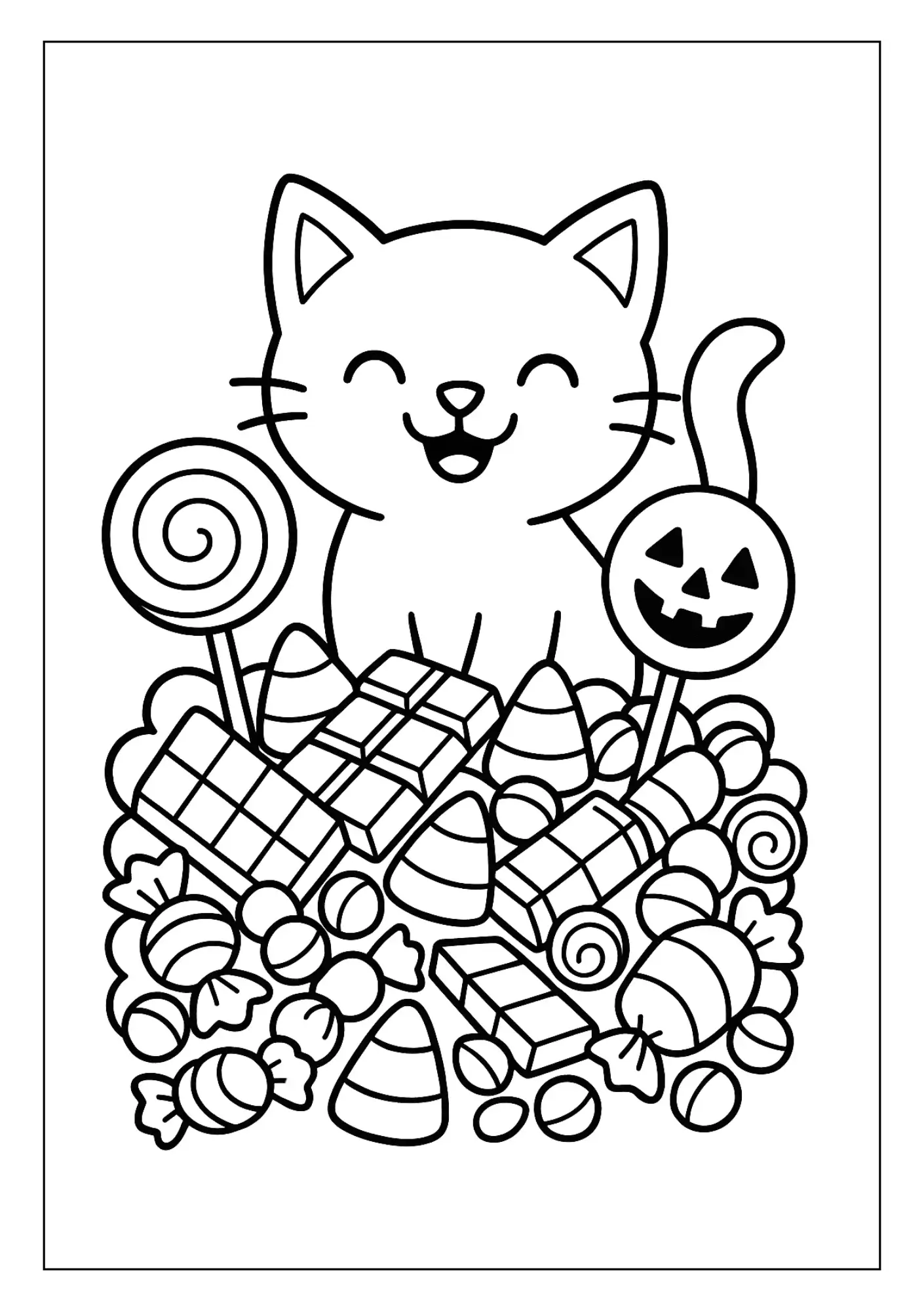 A smiling cat sits behind a pile of Halloween candy, including wrapped sweets, striped candy corn, spiral lollipops, and a jack-o’-lantern lollipop.