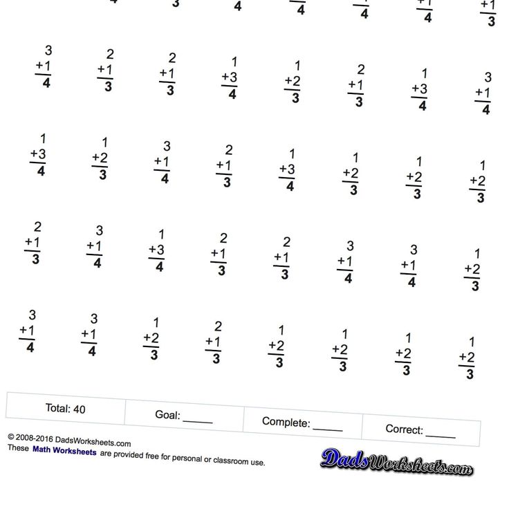 A fraction-addition worksheet with rows of vertical number problems and bottom fields for total, goal, completion, and correct answers.