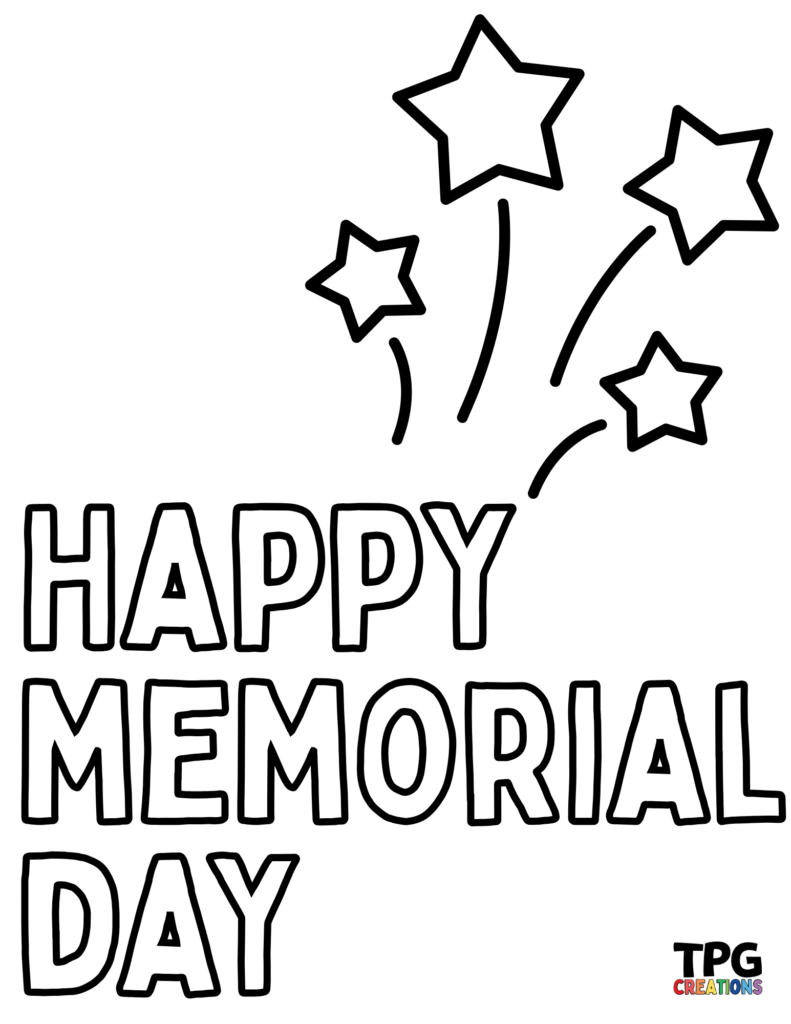 Memorial Day coloring page with large outlined “HAPPY MEMORIAL DAY” lettering and four outlined stars with curved trails.