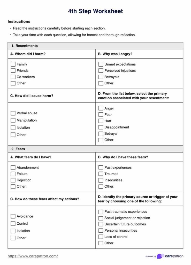 A “4th Step Worksheet” with checklists and prompts for reflecting on resentments, harms, anger, fears, and their sources or effects.