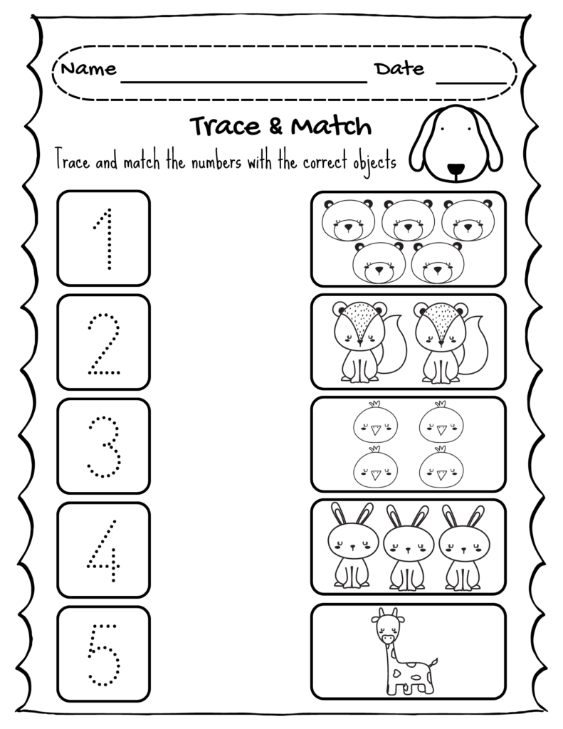 A trace-and-match worksheet with dotted numerals 1 through 5 and boxes showing groups of bears, squirrels, chicks, rabbits, and a giraffe.