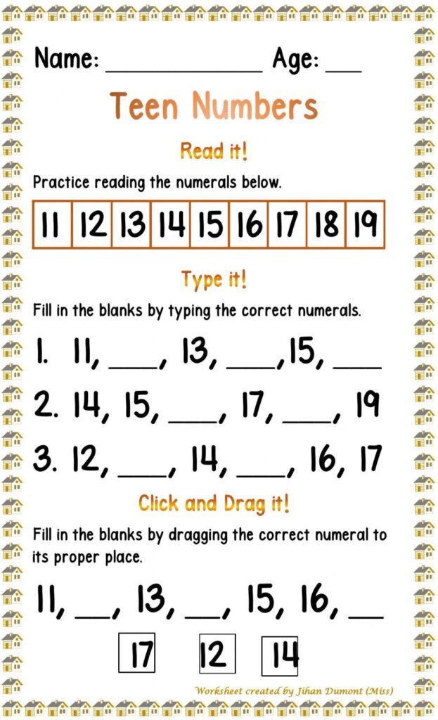 A teen-numbers worksheet with numeral reading practice, three fill-in-the-sequence exercises, and a drag-and-drop activity using 17, 12, and 14.