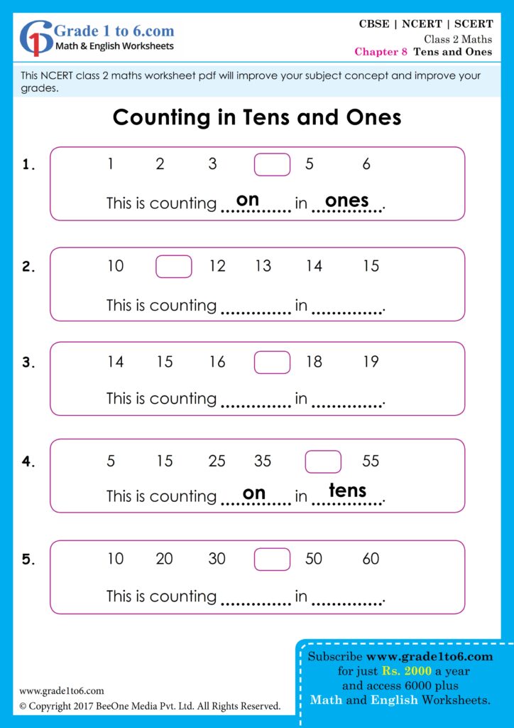 A Class 2 worksheet titled “Counting in Tens and Ones” has five numbered exercises with missing-number boxes and prompts to identify counting in tens or ones.