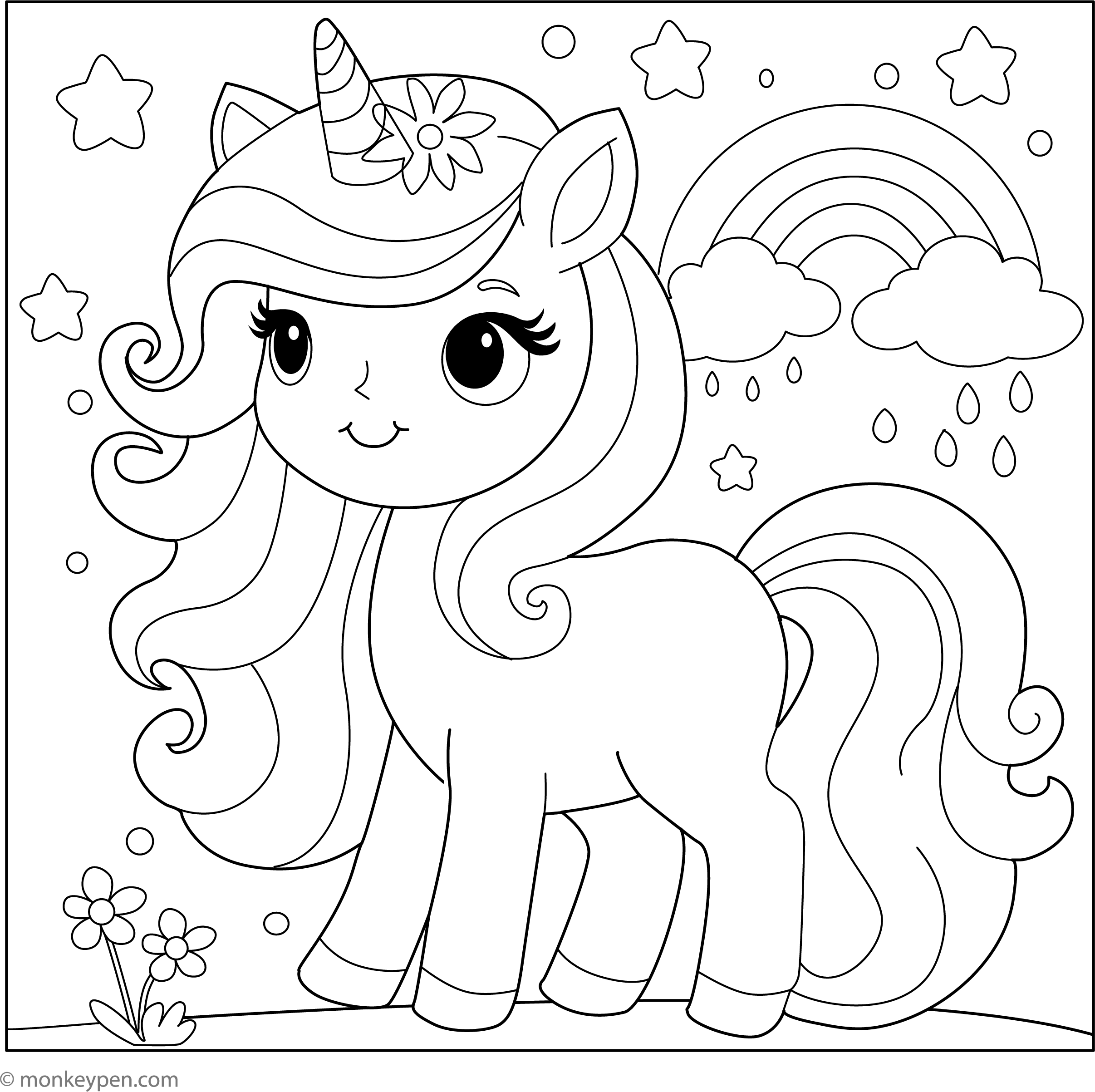 Black-and-white coloring page of a cute unicorn with a flower in its mane, surrounded by stars, rainbows, clouds, and flowers.