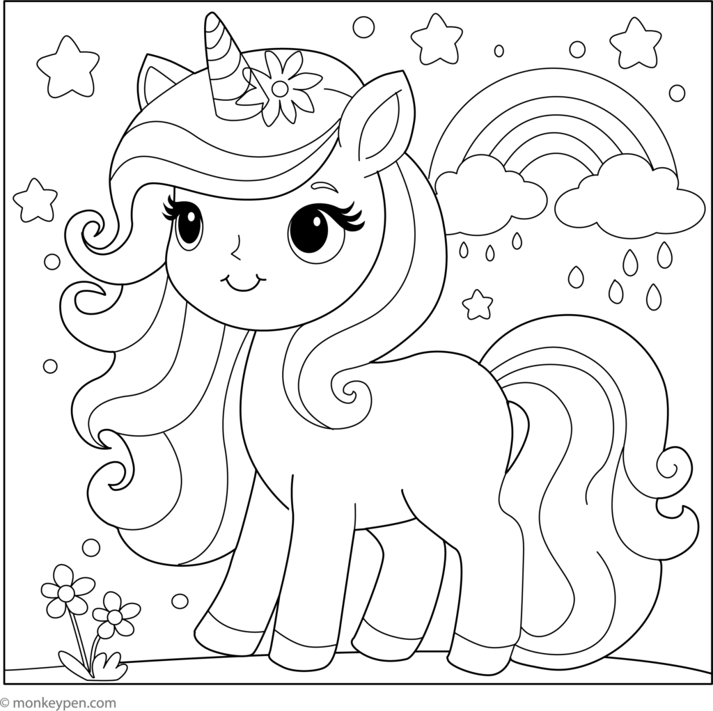 Uncolored outline page showing a smiling unicorn with a flower-decorated horn, flowing mane, rainbow, stars, clouds, and flowers.