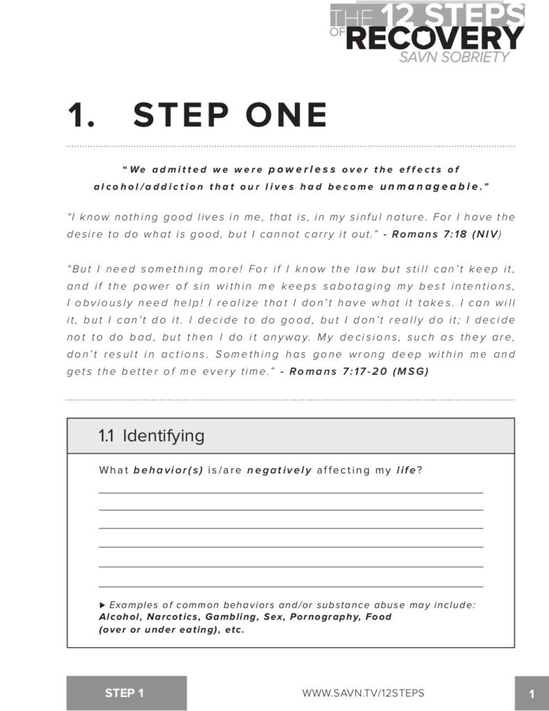A Step One recovery worksheet explains admitting powerlessness over addiction and includes a section for identifying negatively affecting behaviors, with lines for written responses.
