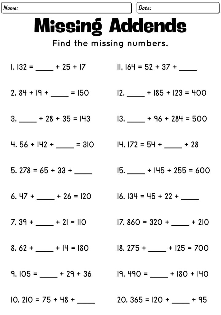 A “Missing Addends” worksheet with 20 problems asking students to find unknown numbers in addition equations; name and date fields appear at the top.