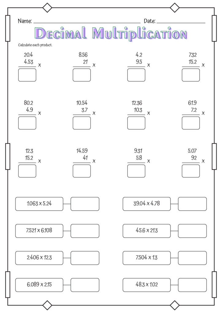 A decimal multiplication worksheet with twelve stacked multiplication problems and eight decimal multiplication expressions, each paired with a blank answer box.