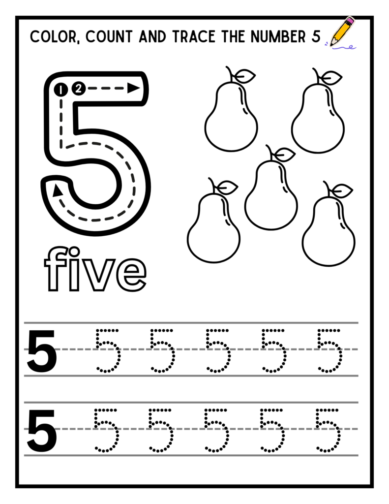 Preschool number 5 worksheet with a large tracing numeral, five pear outlines, the word “five,” and two rows of dotted 5s to trace.