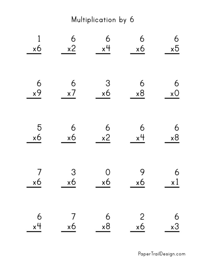 A multiplication-by-6 worksheet with five rows of vertical multiplication problems, each showing a number above a multiplier and a blank line for the answer.
