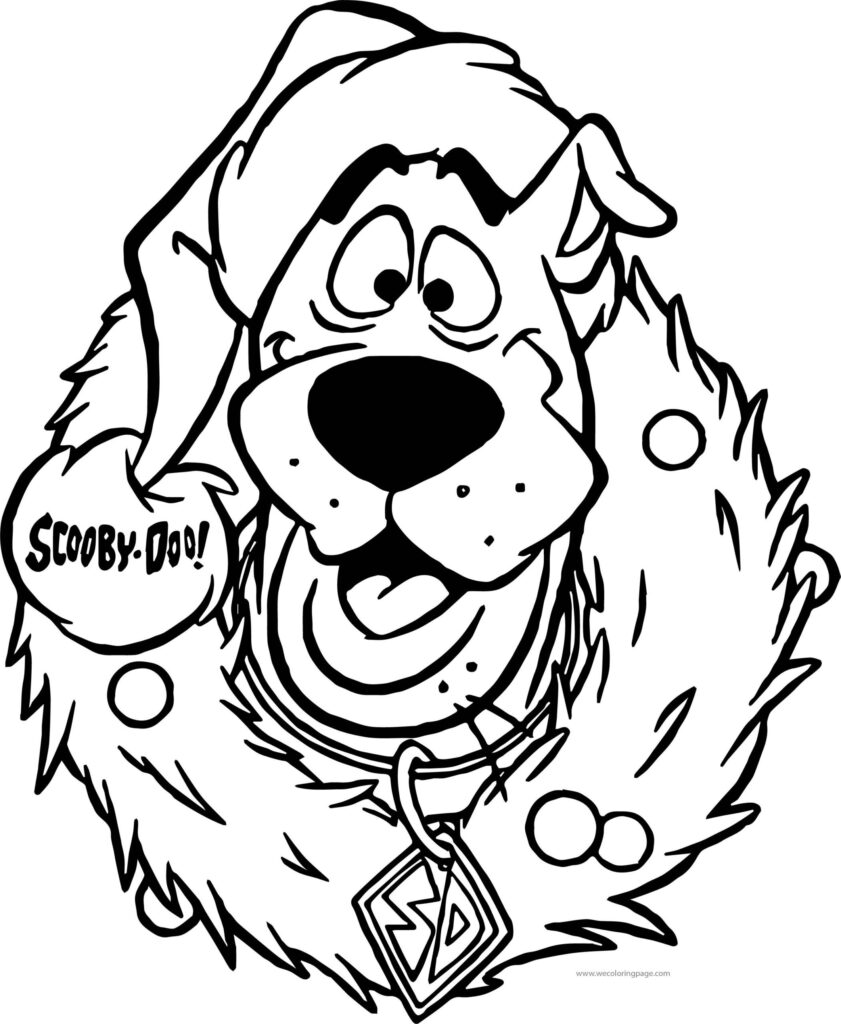 Black-and-white coloring-page outline of Scooby-Doo wearing a shaggy costume, with a speech bubble that reads “Scooby-Doo!”.