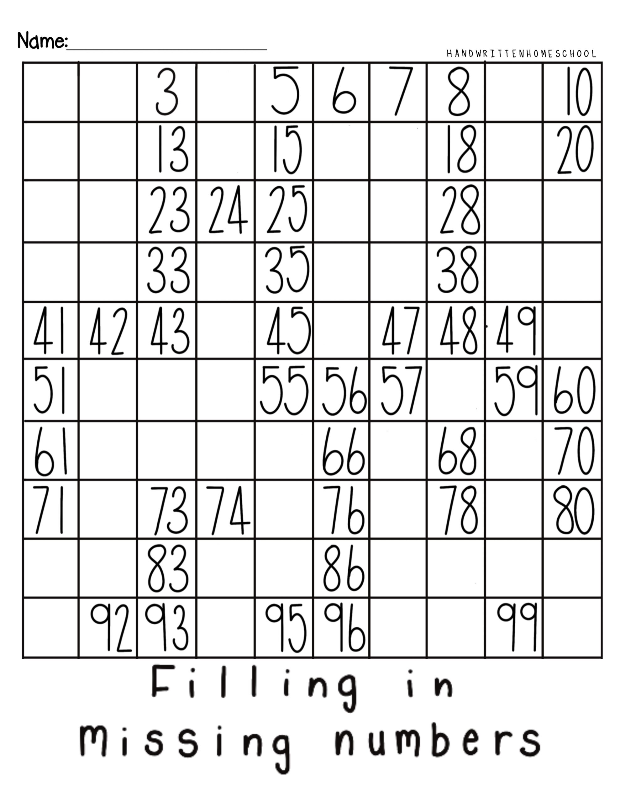 A number-chart worksheet with a 10-by-10 grid containing scattered numbers from 1 to 100 and the instruction “Filling in missing numbers.”.