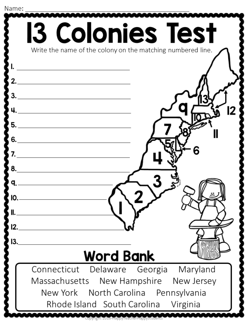 A black-and-white 13 Colonies worksheet with numbered lines, a map of the colonies, a word bank, and a small student illustration.