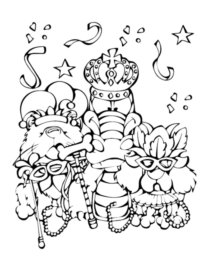 Mardi Gras coloring page with ornate masks, a crown, beads, stars, and curling streamers in bold black outlines.