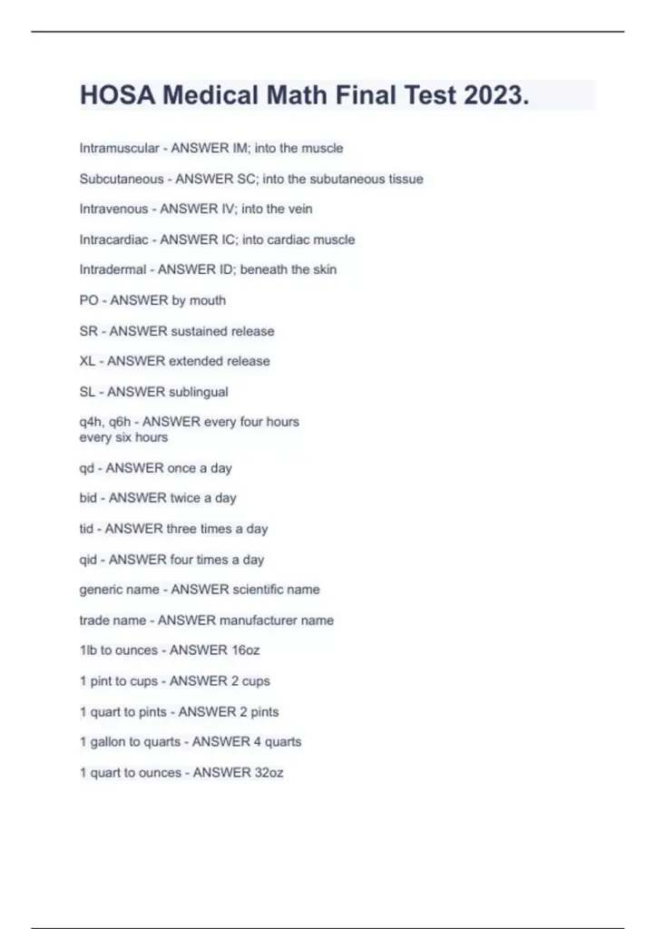 A medical math study sheet titled “HOSA Medical Math Final Test 2023” lists medication routes and abbreviations, dosing frequencies, generic and trade names, and common unit conversions.