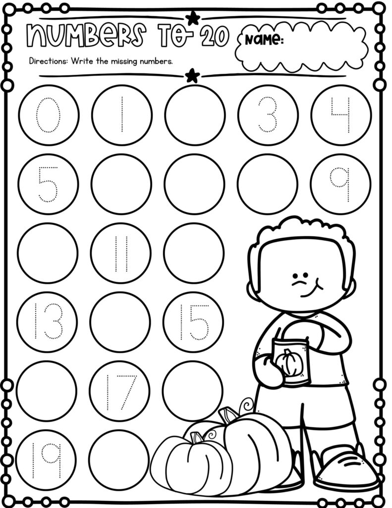 A “Numbers to 20” worksheet asks students to fill in missing numbers in circles, with some numbers shown and a child holding a pumpkin beside several pumpkins.