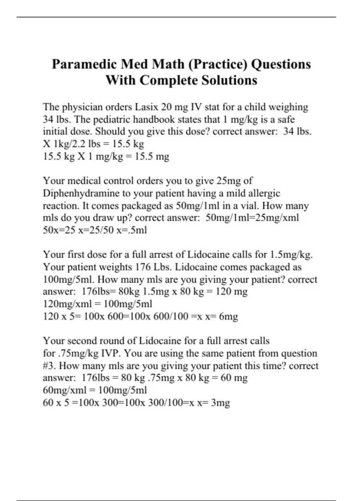 A paramedic medical-math practice sheet with worked dosage calculations for Lasix, diphenhydramine, and lidocaine.