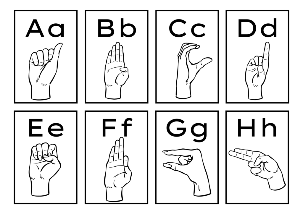 Black-and-white ASL alphabet chart showing the letters A through H, each paired with a line drawing of the corresponding hand sign.