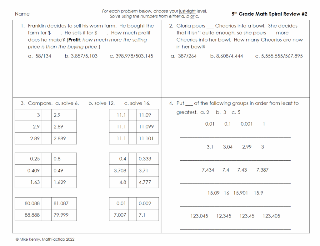 A fifth-grade math spiral review worksheet with word problems, decimal comparison tables, and exercises ordering decimal numbers.