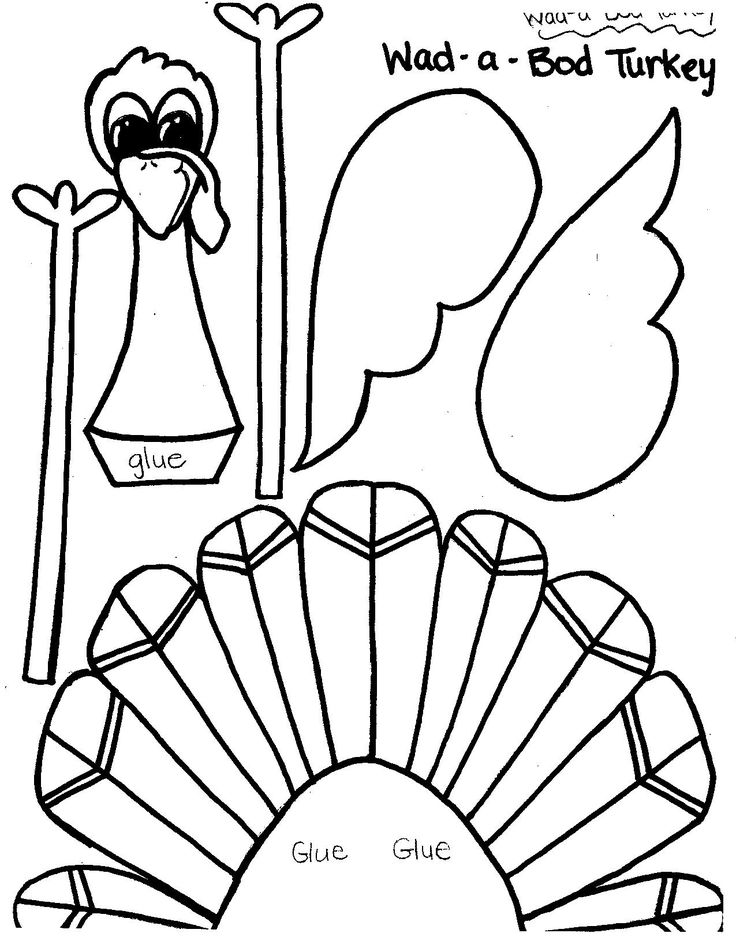 Black-and-white turkey craft template with a cartoon turkey head, body, feather pieces, and parts labeled “glue.”.