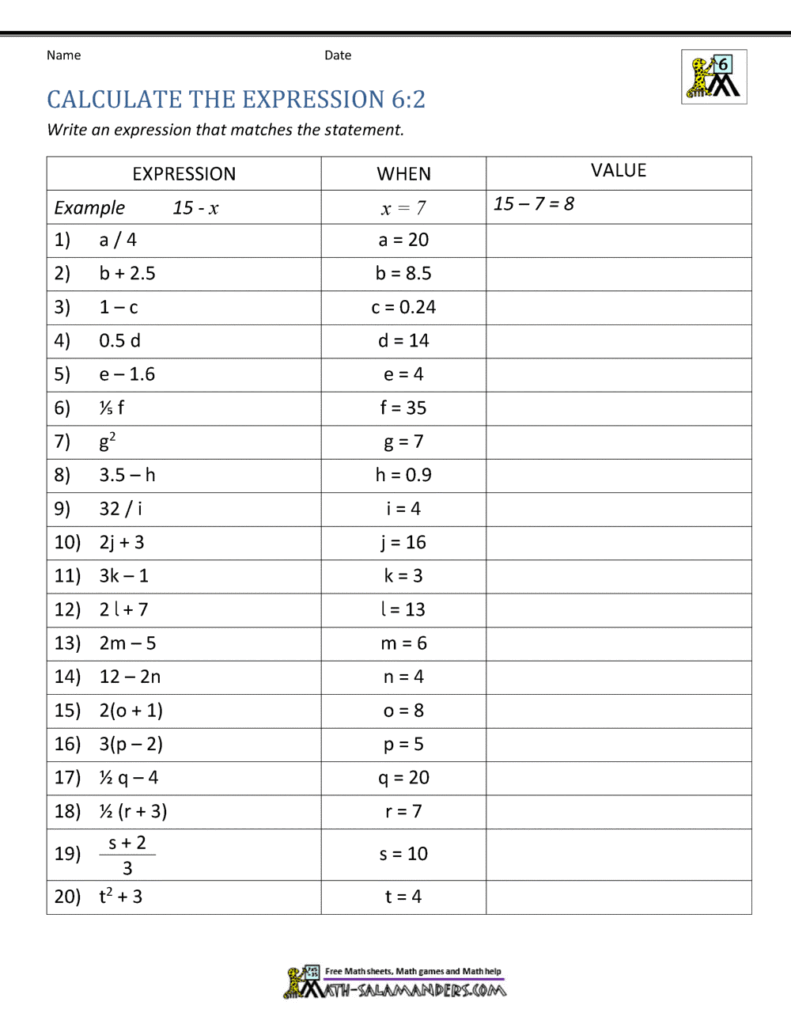 A worksheet titled “Calculate the Expression 6:2” has a table of 20 algebraic expressions and variable values, with blank spaces for students to calculate each value.