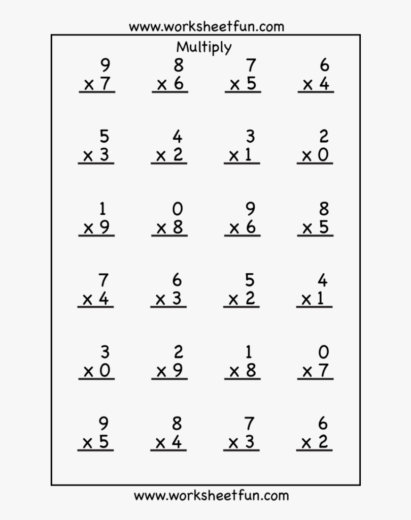 A multiplication worksheet titled “Multiply,” with six rows of single-digit vertical multiplication problems and blank answer spaces.