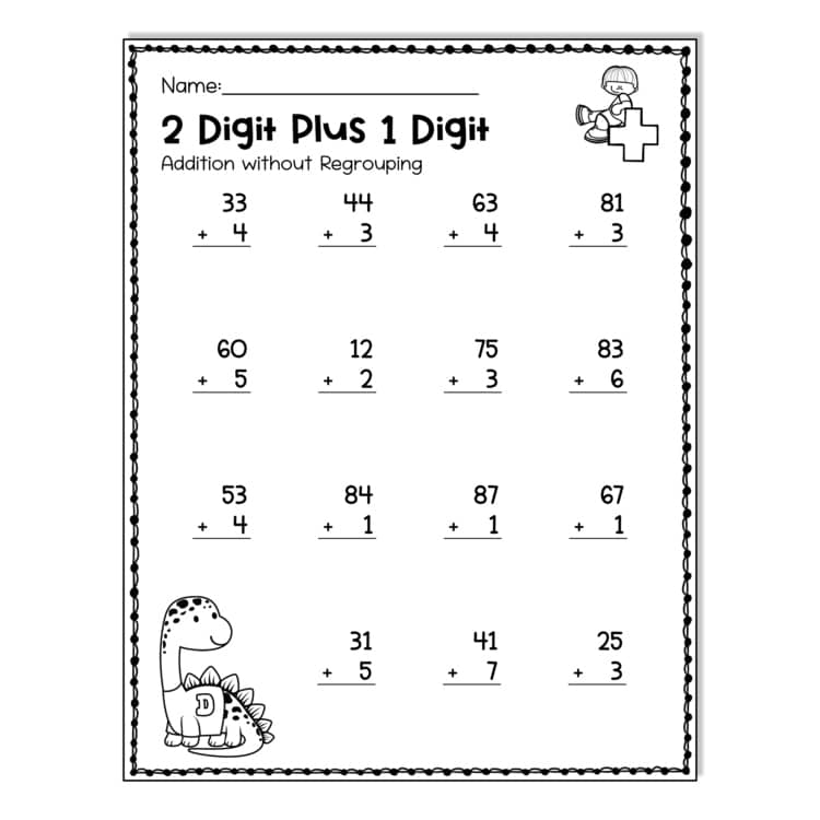 A black-and-white addition worksheet titled “2 Digit Plus 1 Digit,” with vertical addition problems and small cartoon decorations of a child and a dinosaur.