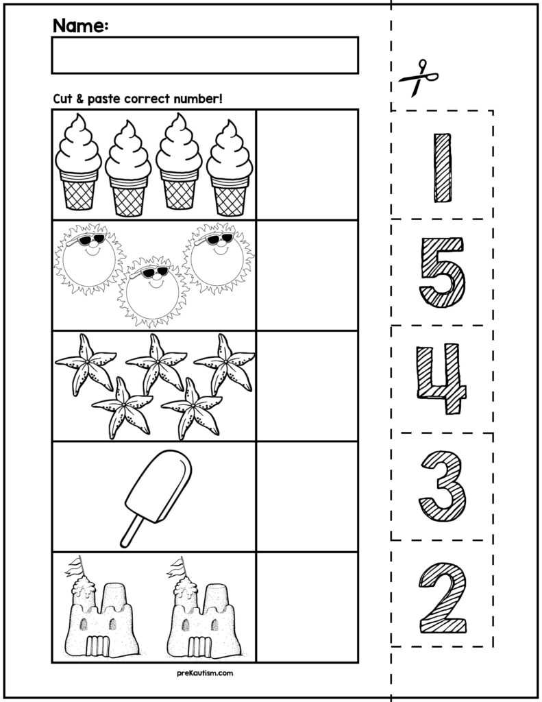 Cut-and-paste counting worksheet with pictures of ice cream cones, suns, starfish, a popsicle, and sandcastles beside blank boxes, plus cut-out numerals.