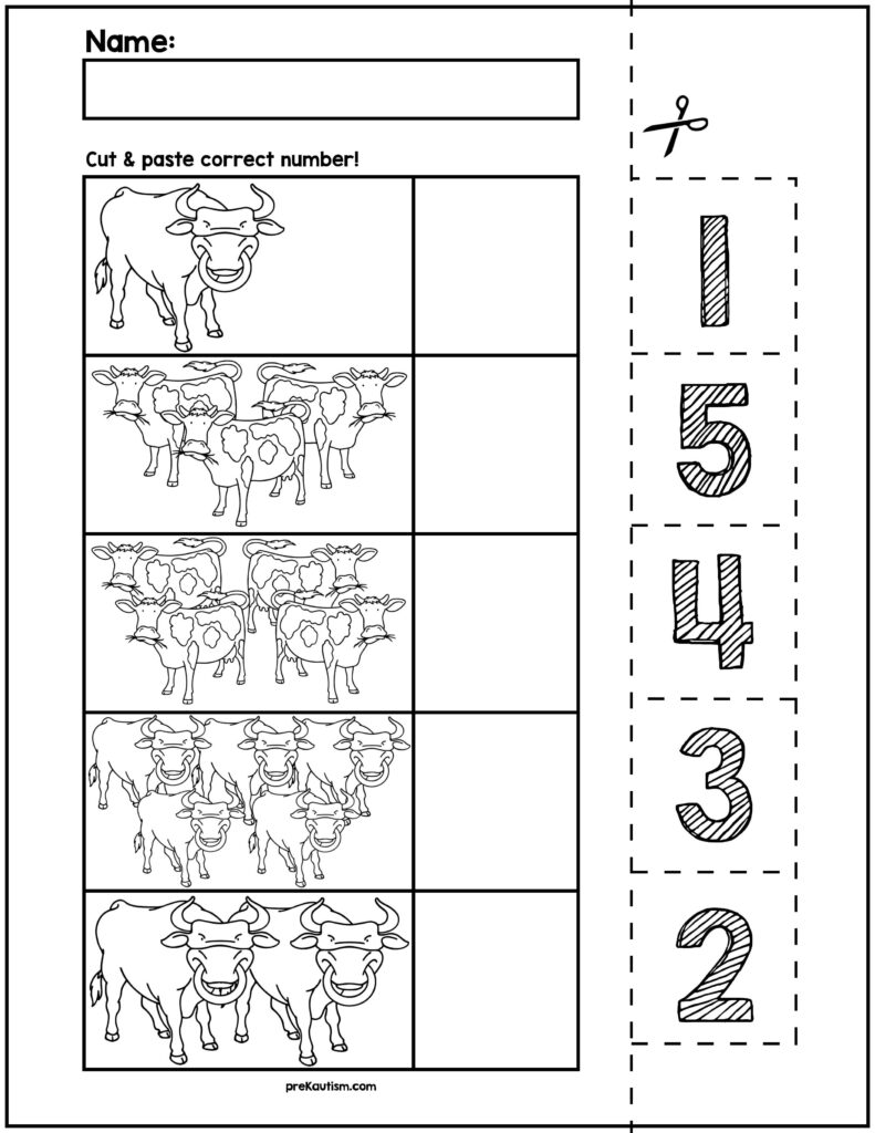 A black-and-white cut-and-paste counting worksheet showing groups of cows, blank answer boxes, and numbered cutouts from 1 to 5.