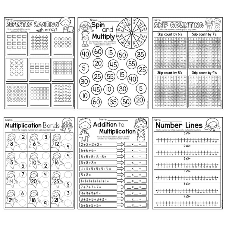 A collage of six black-and-white elementary math worksheets featuring repeated-addition arrays, spin-and-multiply problems, skip-counting charts, multiplication bonds, addition-to-multiplication exercises, and number lines.