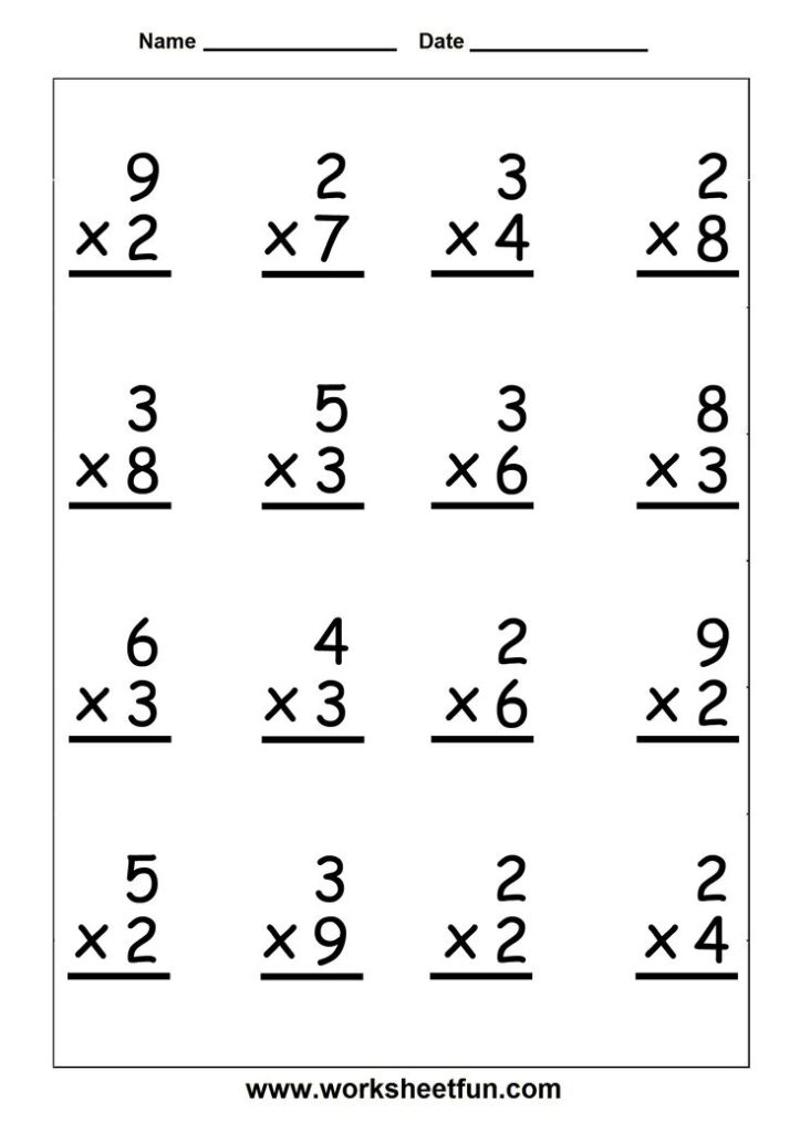 A multiplication worksheet with sixteen one-digit problems arranged in four rows, each with a blank line for the answer.