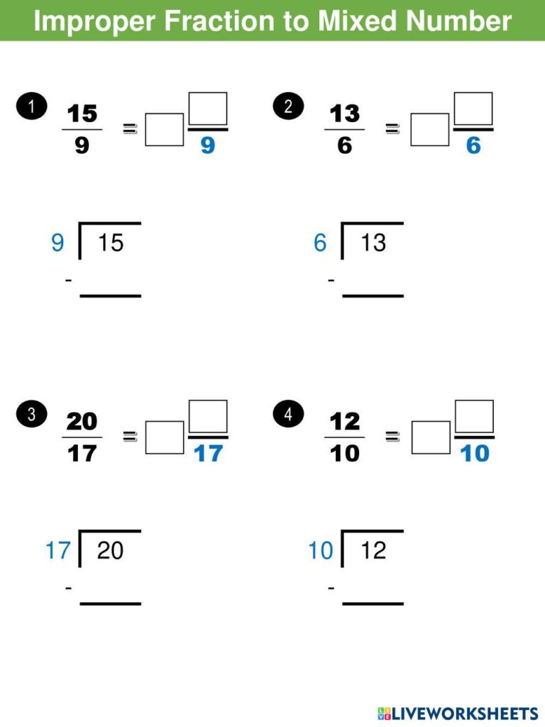 A worksheet titled “Improper Fraction to Mixed Number” with four fraction conversion problems and blank answer boxes and division setups.