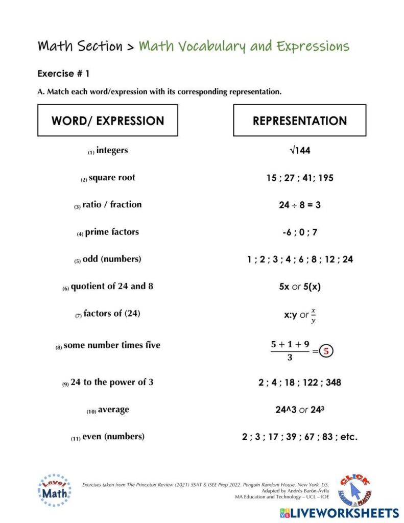 A math vocabulary matching worksheet asks students to pair terms such as integers, square root, ratio, prime factors, and average with numerical representations.