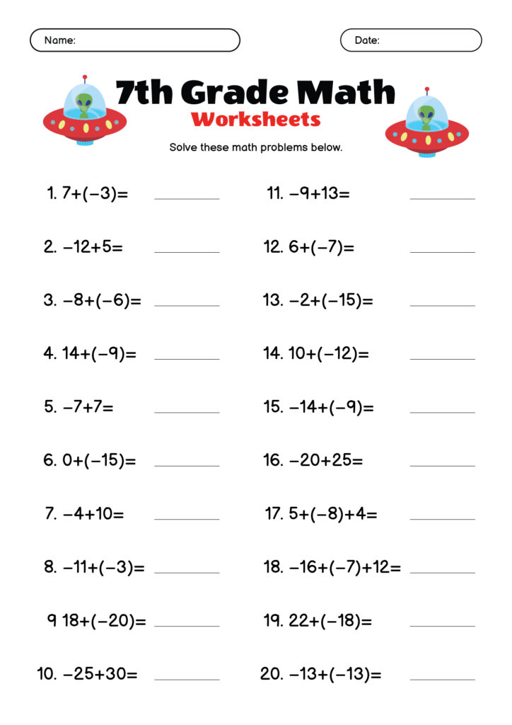 A seventh-grade math worksheet with 20 integer addition problems in two columns, blank answer lines, and small cartoon flying saucers at the top.