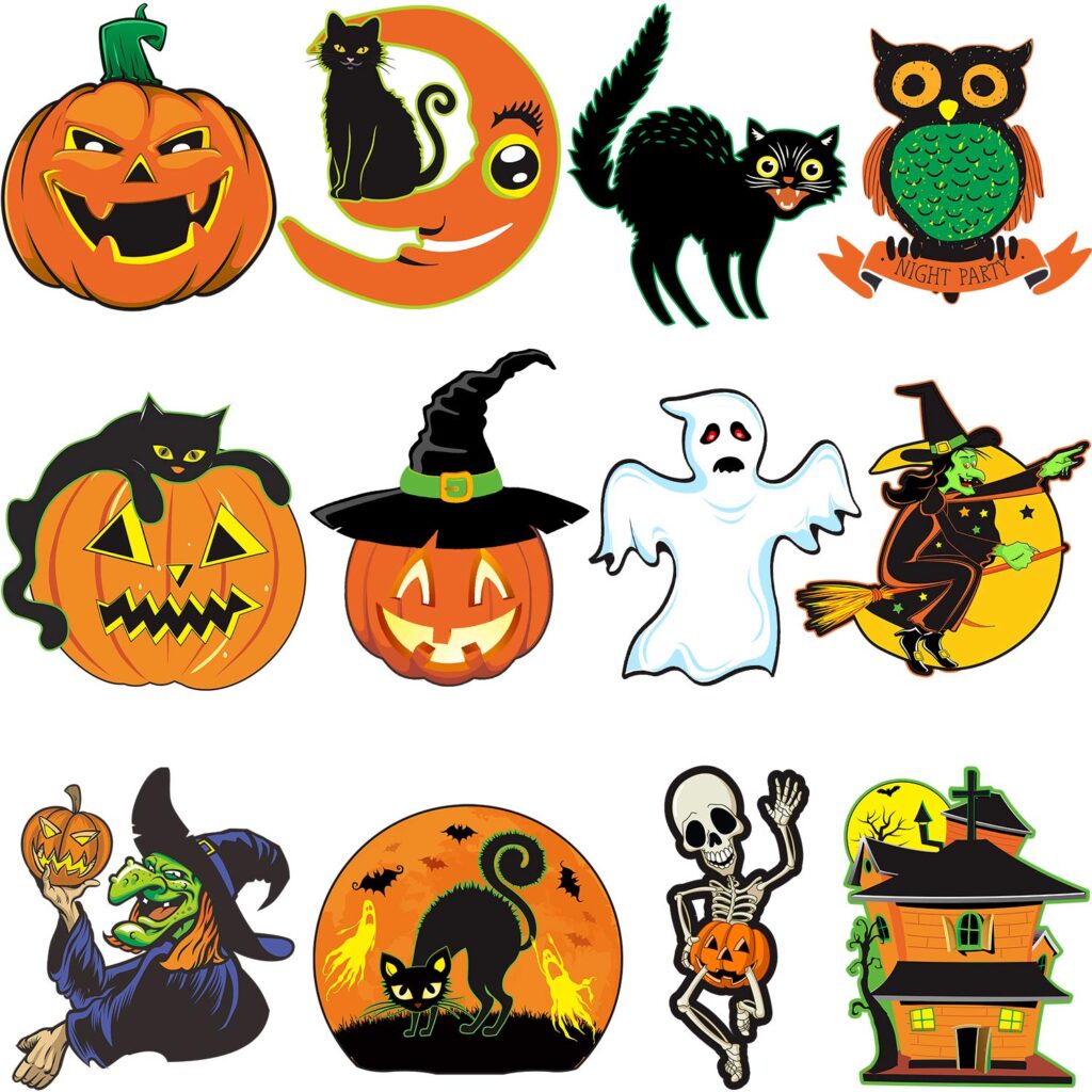 A collection of colorful Halloween illustrations, including jack-o’-lanterns, black cats, an owl, a ghost, a witch, a skeleton, and a haunted house.
