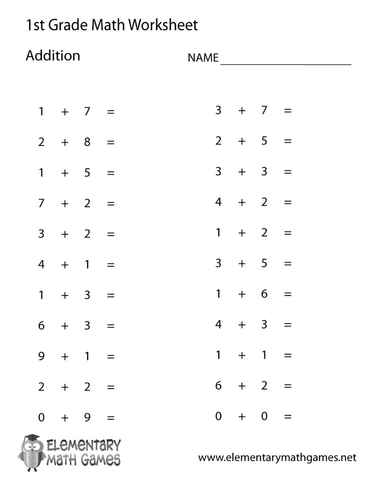 A first-grade addition worksheet with two columns of single-digit addition problems and a name line.