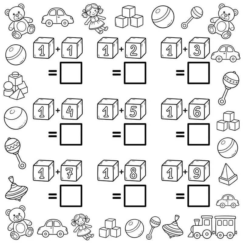 Addition worksheet showing equations from 1+1 through 1+9, each with a blank answer box, surrounded by black-and-white toy illustrations.