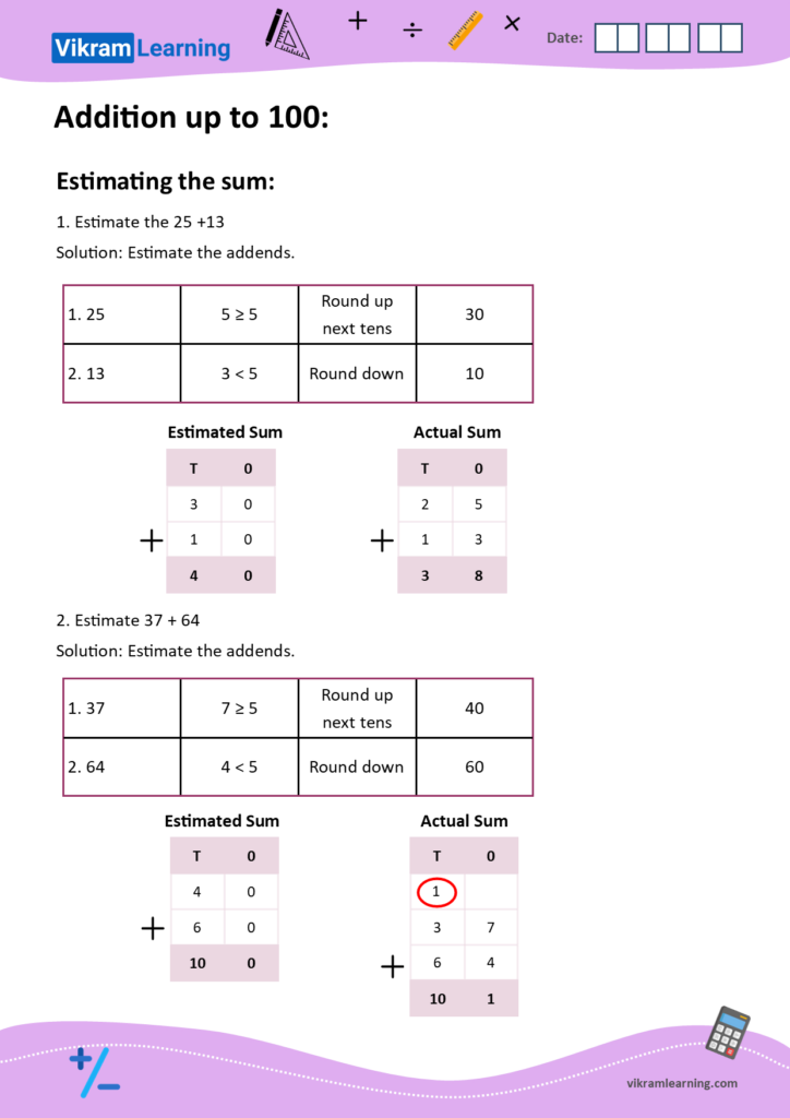Addition worksheet showing rounding to estimate sums and comparing estimated with actual sums in tens and ones columns; one carried digit is circled.