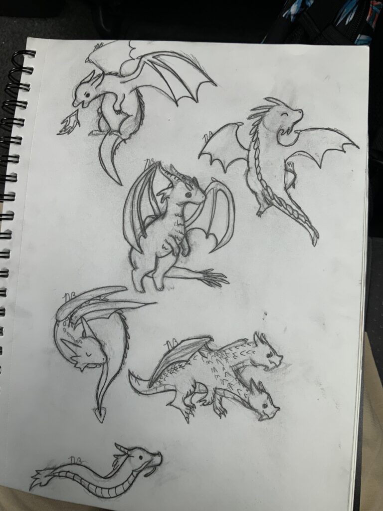 Pencil sketches of several cute dragons, including winged dragons and a long, serpentine dragon, on a spiral-bound sketchbook page.
