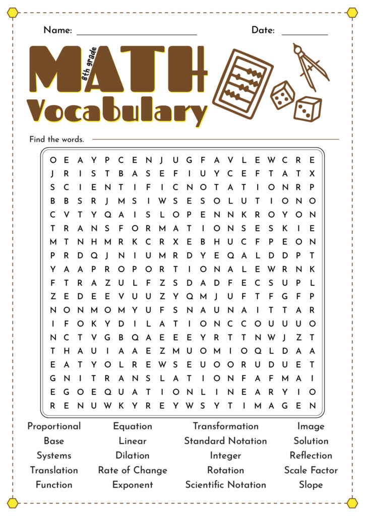 A math vocabulary word-search worksheet with a letter grid and a word list including proportional, equation, transformation, image, slope, and scientific notation.